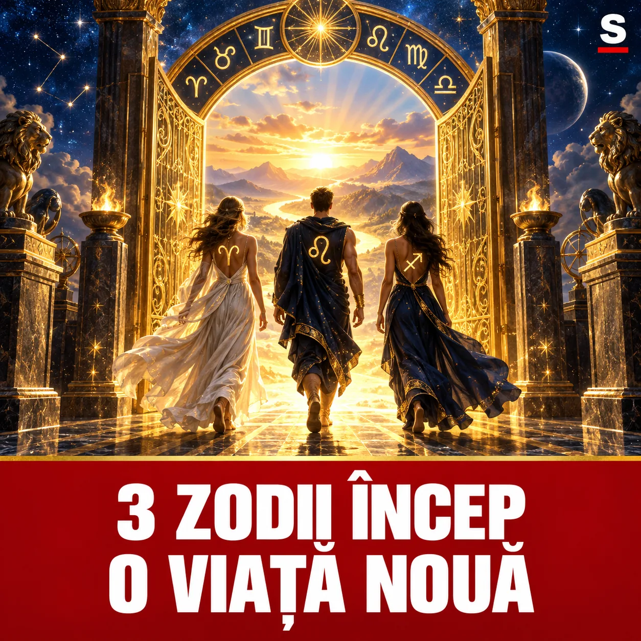 Trei persoane zodiacale trecând printr-o poartă aurie spre răsărit
