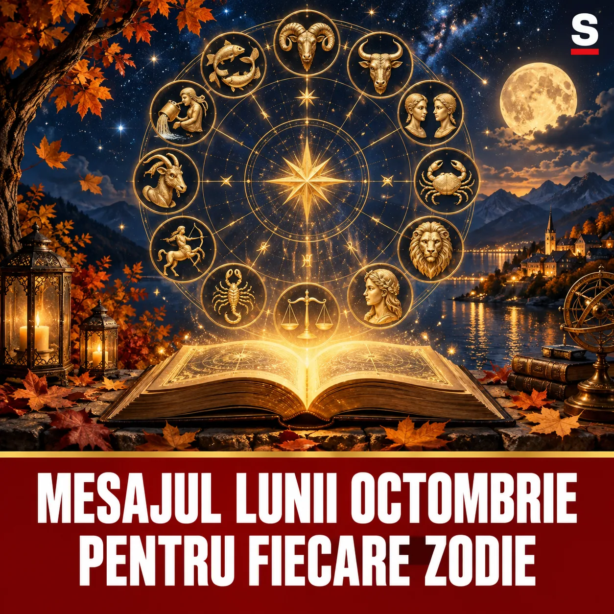 Carte aurie deschisă sub toate simbolurile zodiacale și mesajul lunii octombrie