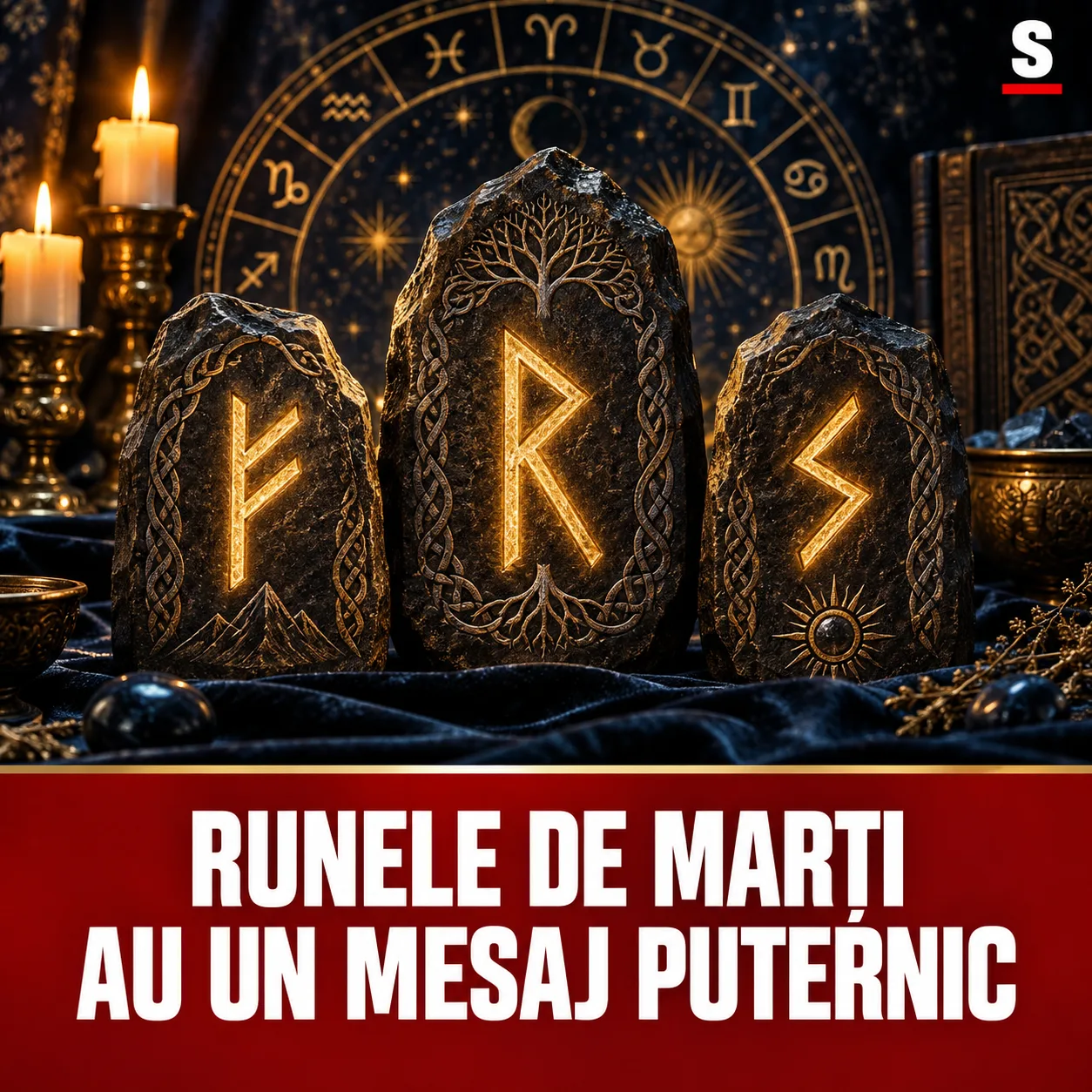 Trei pietre cu rune aurii sub mesajul Runele de marți au un mesaj puternic