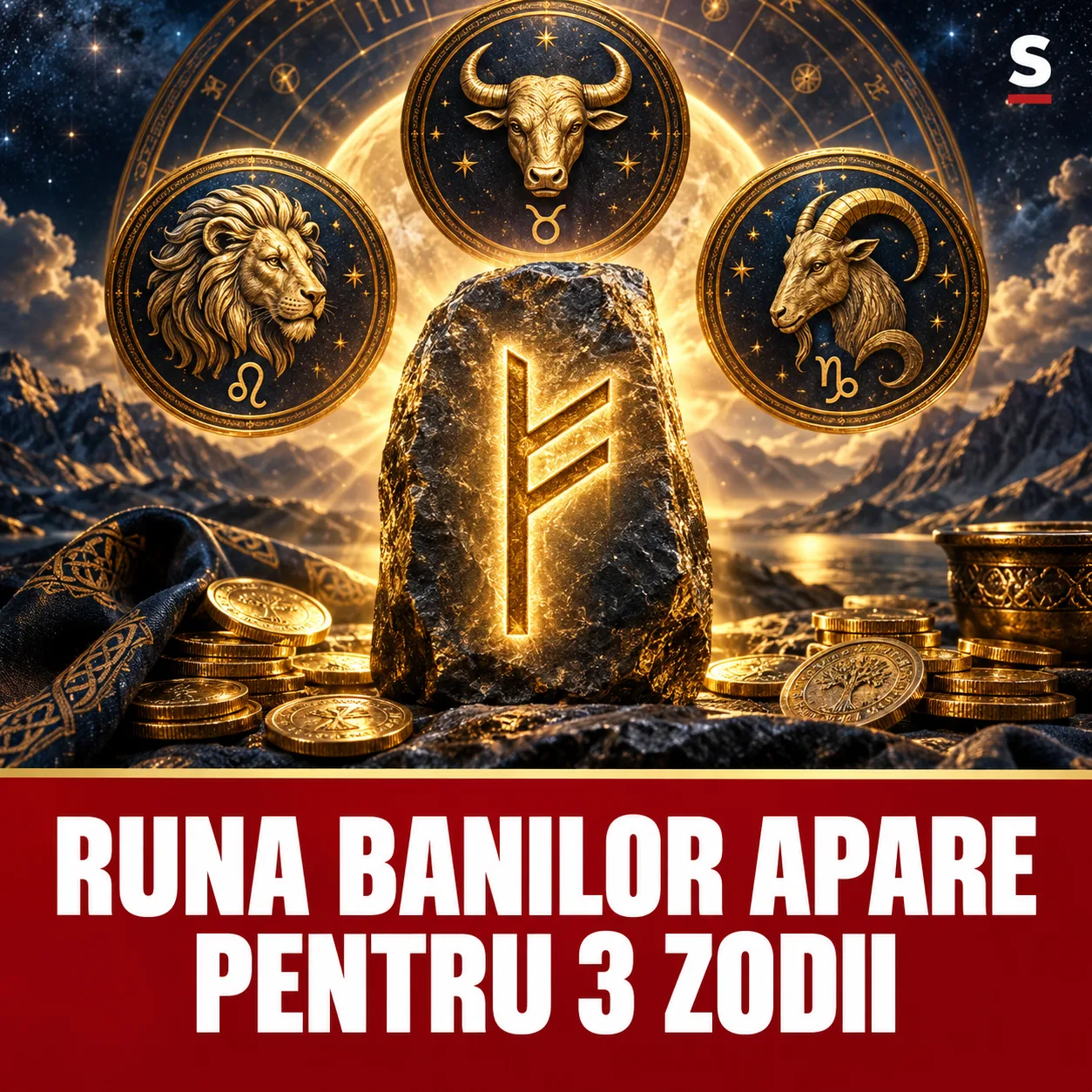 Rună aurie lângă trei simboluri zodiacale și mesajul Runa banilor apare pentru 3 zodii