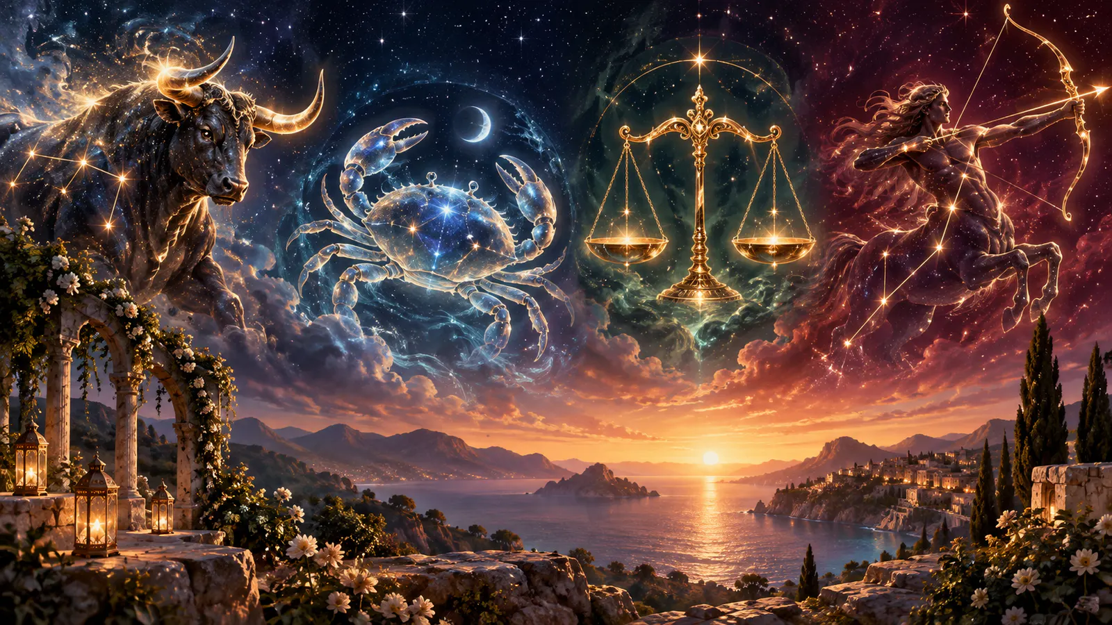 Taurul, Racul, Balanța și Săgetătorul într-un cer zodiacal de weekend