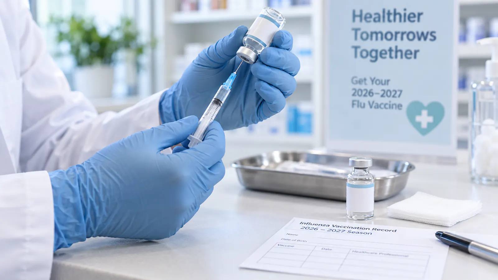 Cadru medical pregătind o doză de vaccin antigripal într-un spațiu clinic