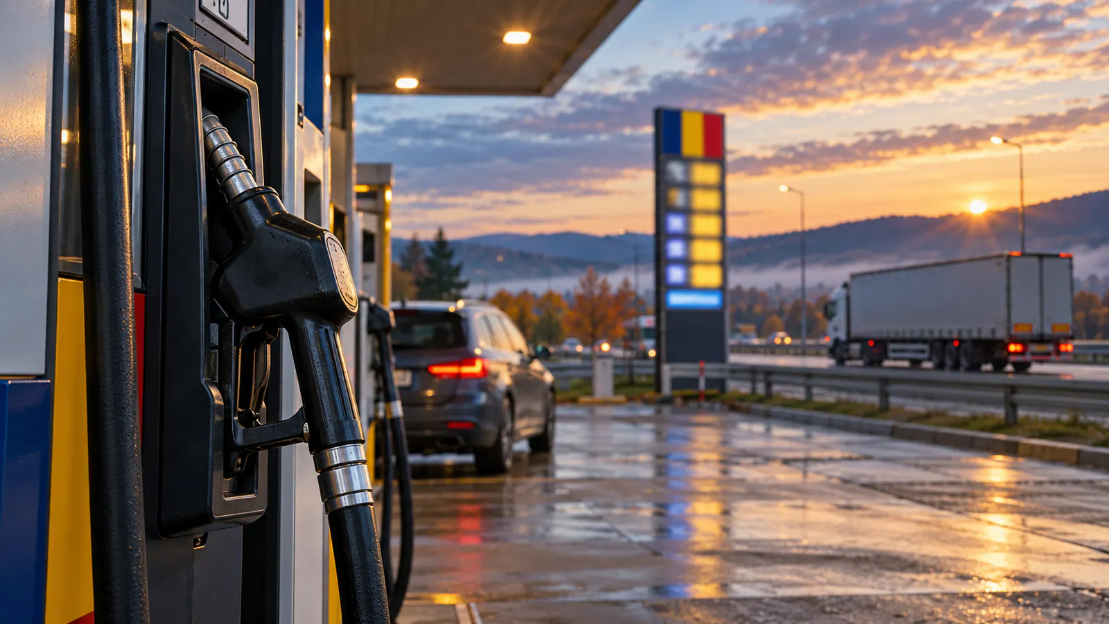 Pompă de motorină într-o benzinărie din România, cu mașină și camion în fundal