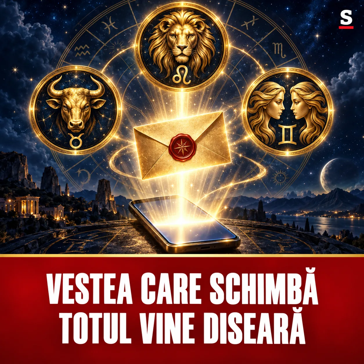 Scrisoare aurie, lumină de telefon și trei simboluri zodiacale