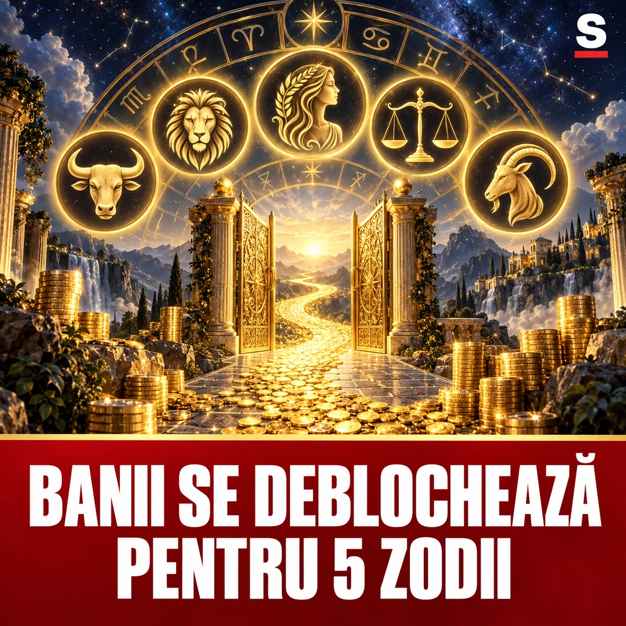 Poartă aurie, monede și cinci simboluri zodiacale