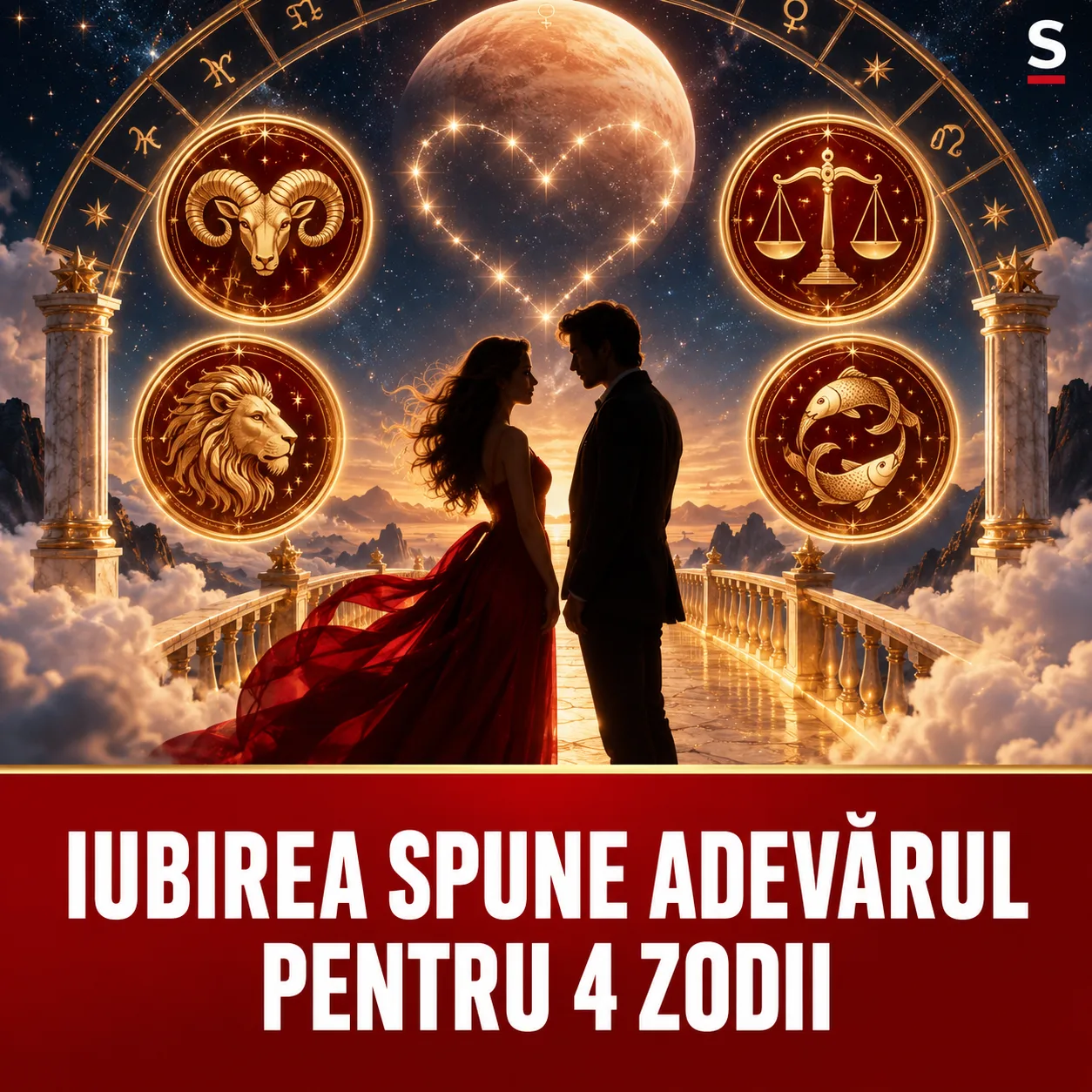 Cuplu pe un pod ceresc și patru medalioane zodiacale