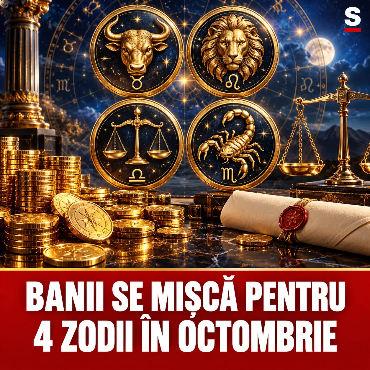 Monede aurii și patru simboluri zodiacale sub mesajul despre bani