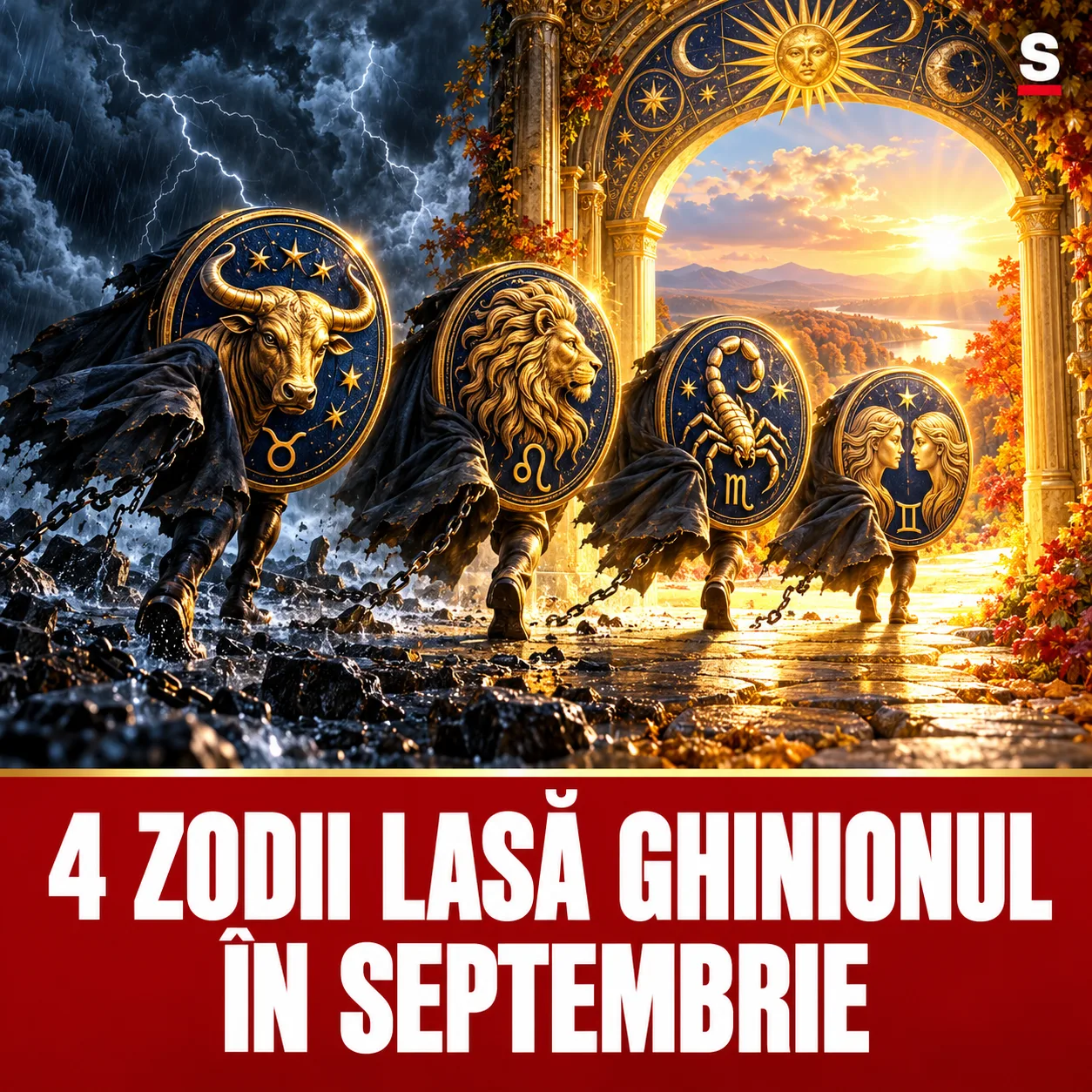 Patru simboluri zodiacale ieșind din furtună spre lumină