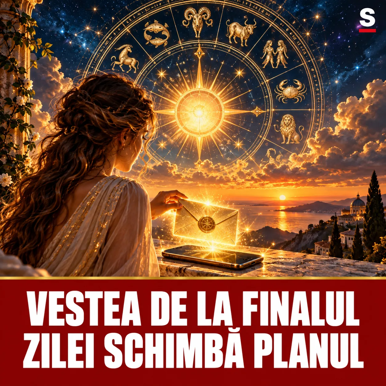 Plic luminos la apus în fața unei roți zodiacale