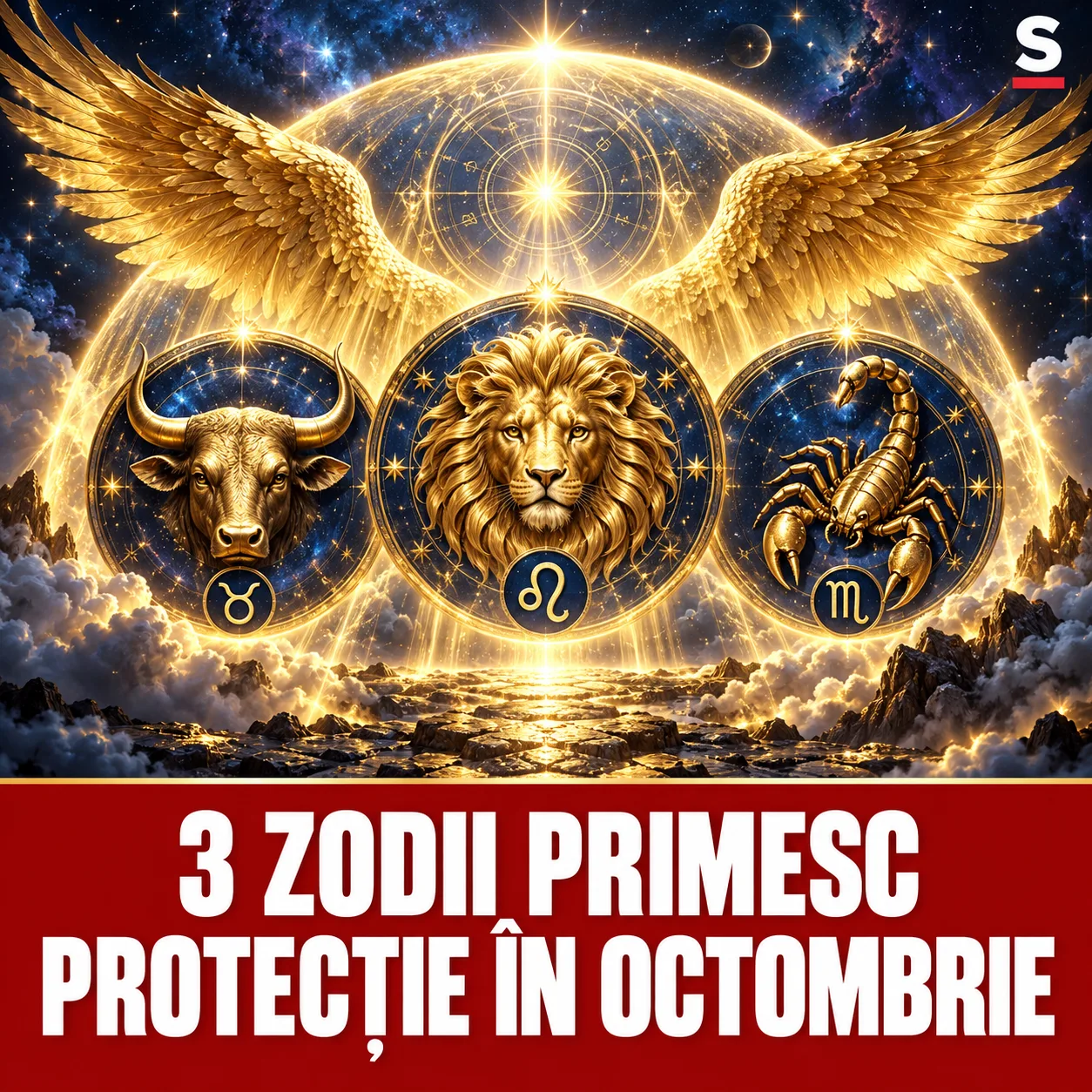 Scut auriu și trei simboluri zodiacale sub mesajul despre protecție