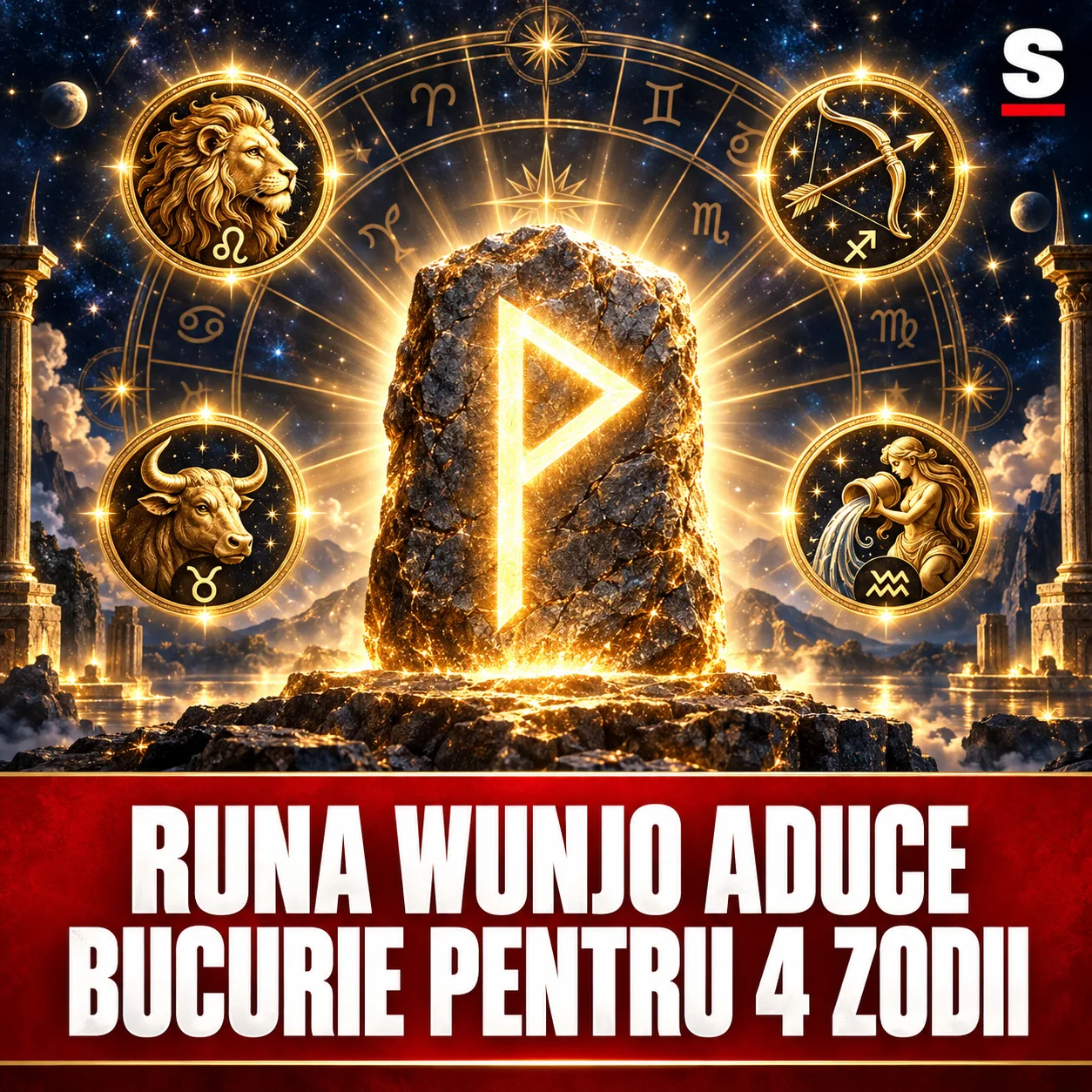 Rună Wunjo luminoasă și patru medalioane zodiacale