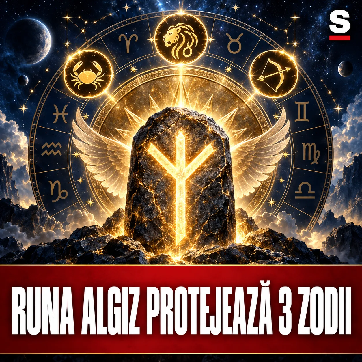 Rună Algiz cu aripi și trei simboluri zodiacale