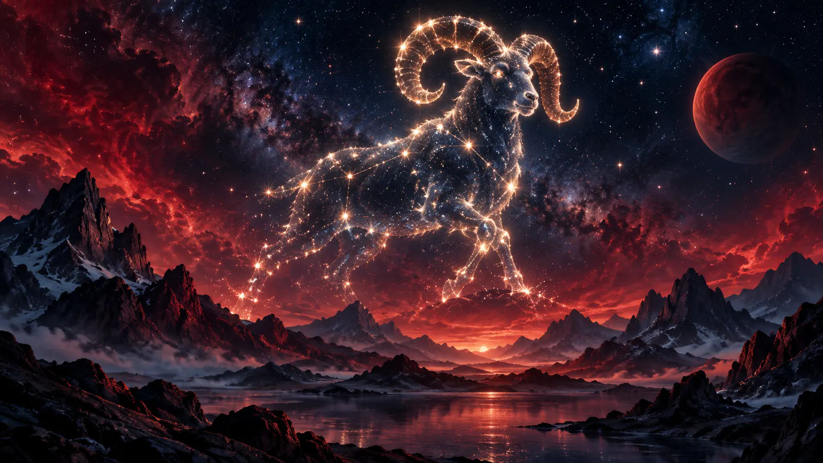 Ilustrație astrologică a constelației Berbecului într-un cer roșu și auriu