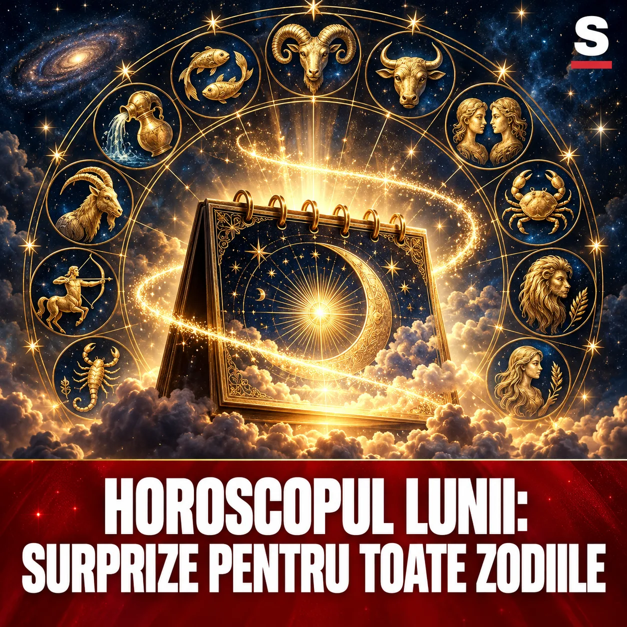 Calendar auriu înconjurat de toate semnele zodiacale