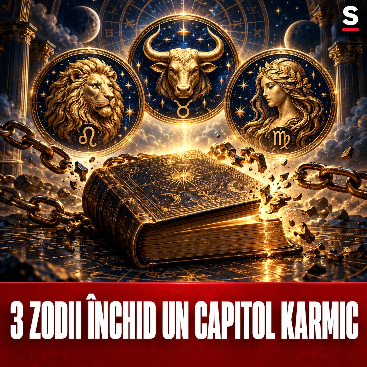 Carte veche și lanțuri rupte sub trei simboluri zodiacale