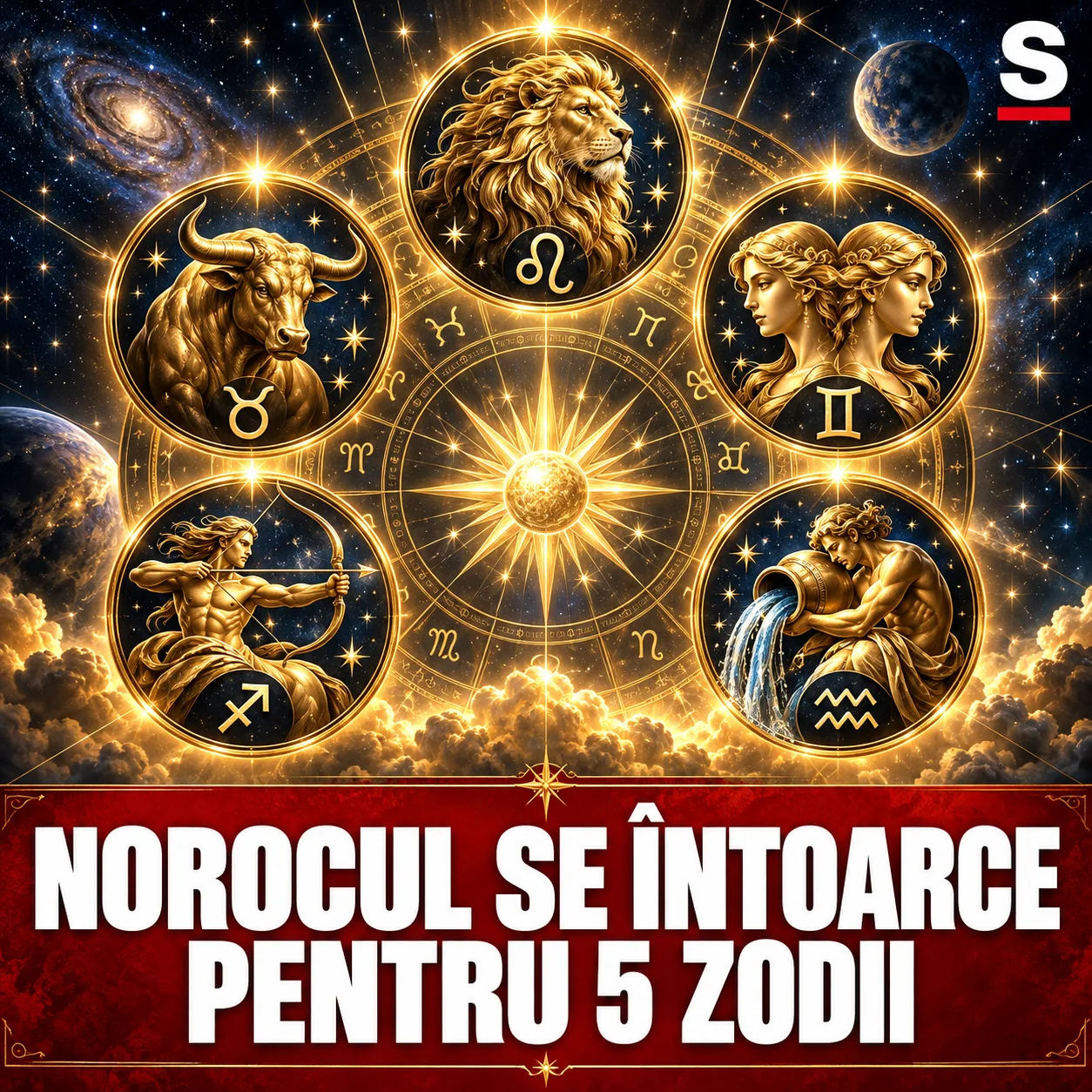 Cinci medalioane zodiacale în jurul unei roți aurii