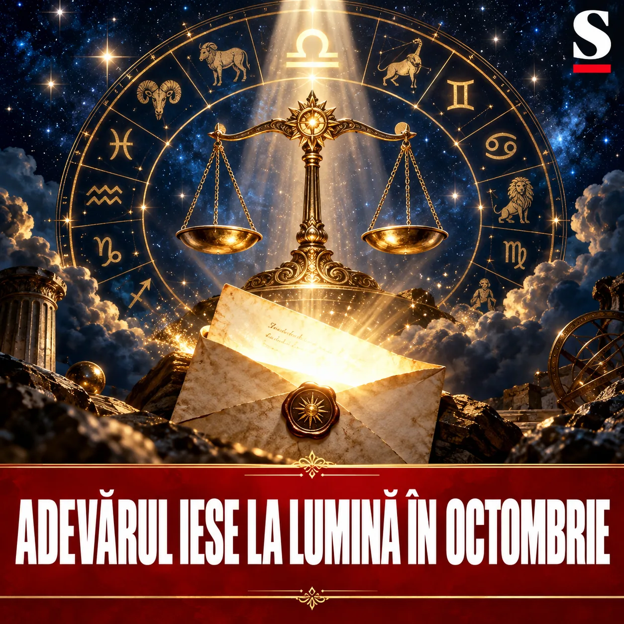 Balanță aurie și un plic deschis în lumina zodiacului