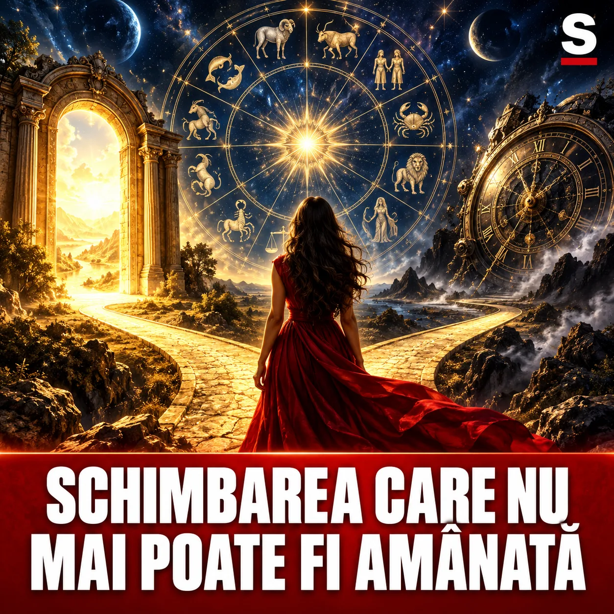 Femeie la o răscruce între o poartă și un ceas auriu