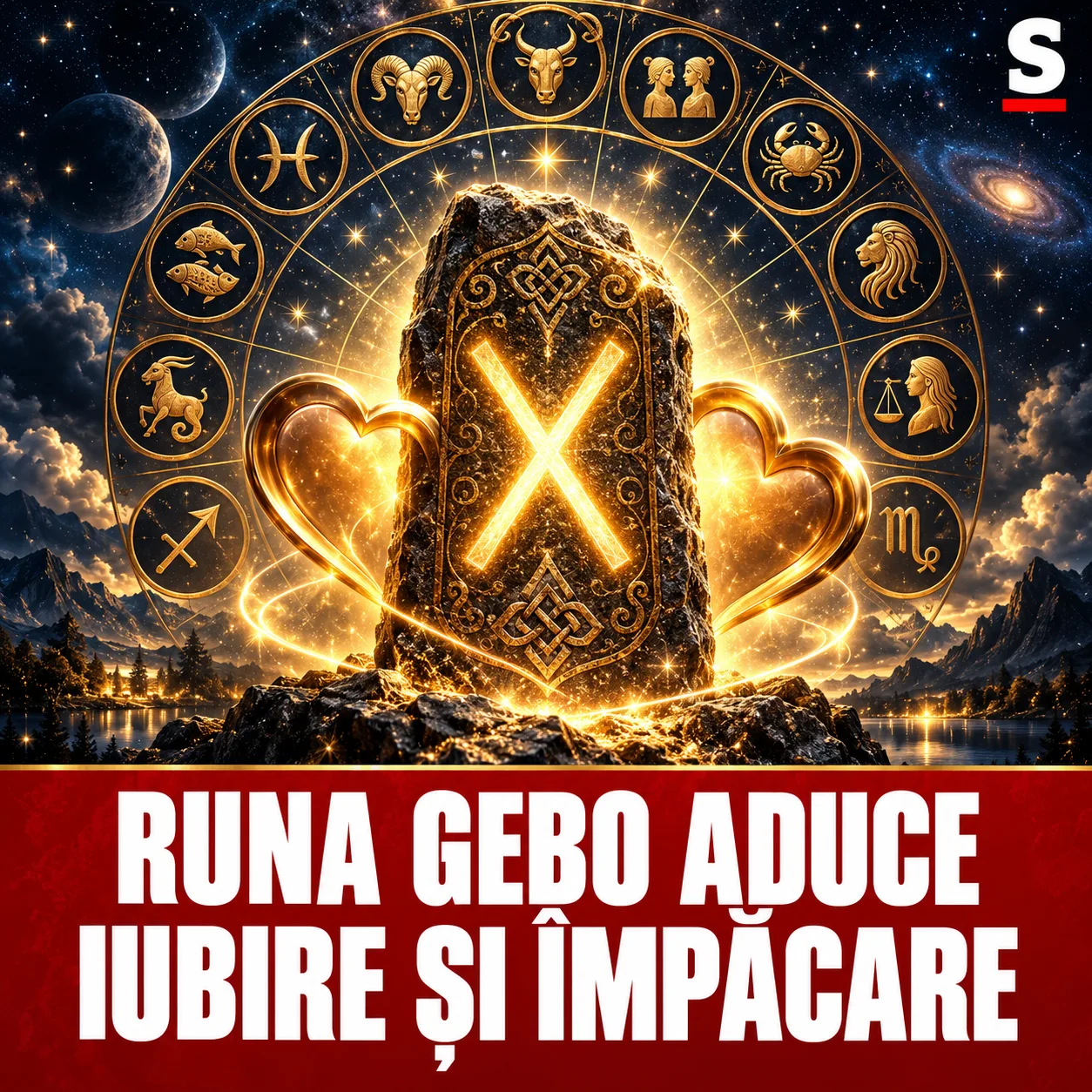 Rună Gebo luminoasă între două inimi aurii