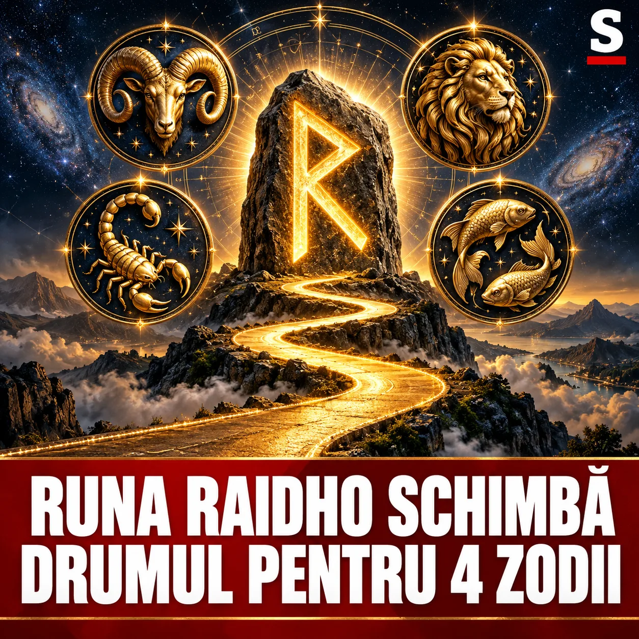 Rună Raidho deasupra unui drum auriu și patru semne zodiacale