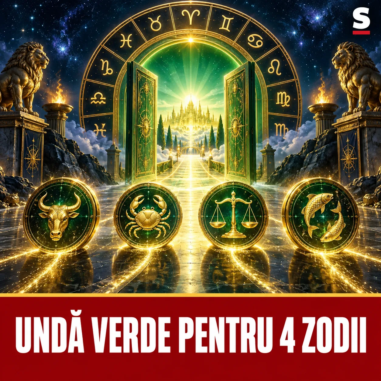 Poartă zodiacală verde și patru medalioane aurii