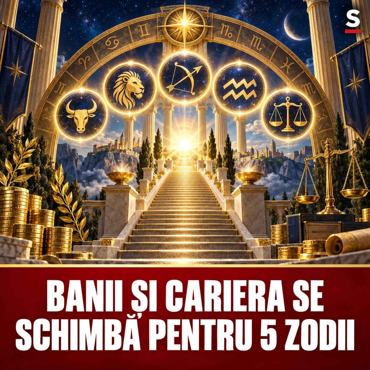 Scară aurie, monede și cinci semne zodiacale