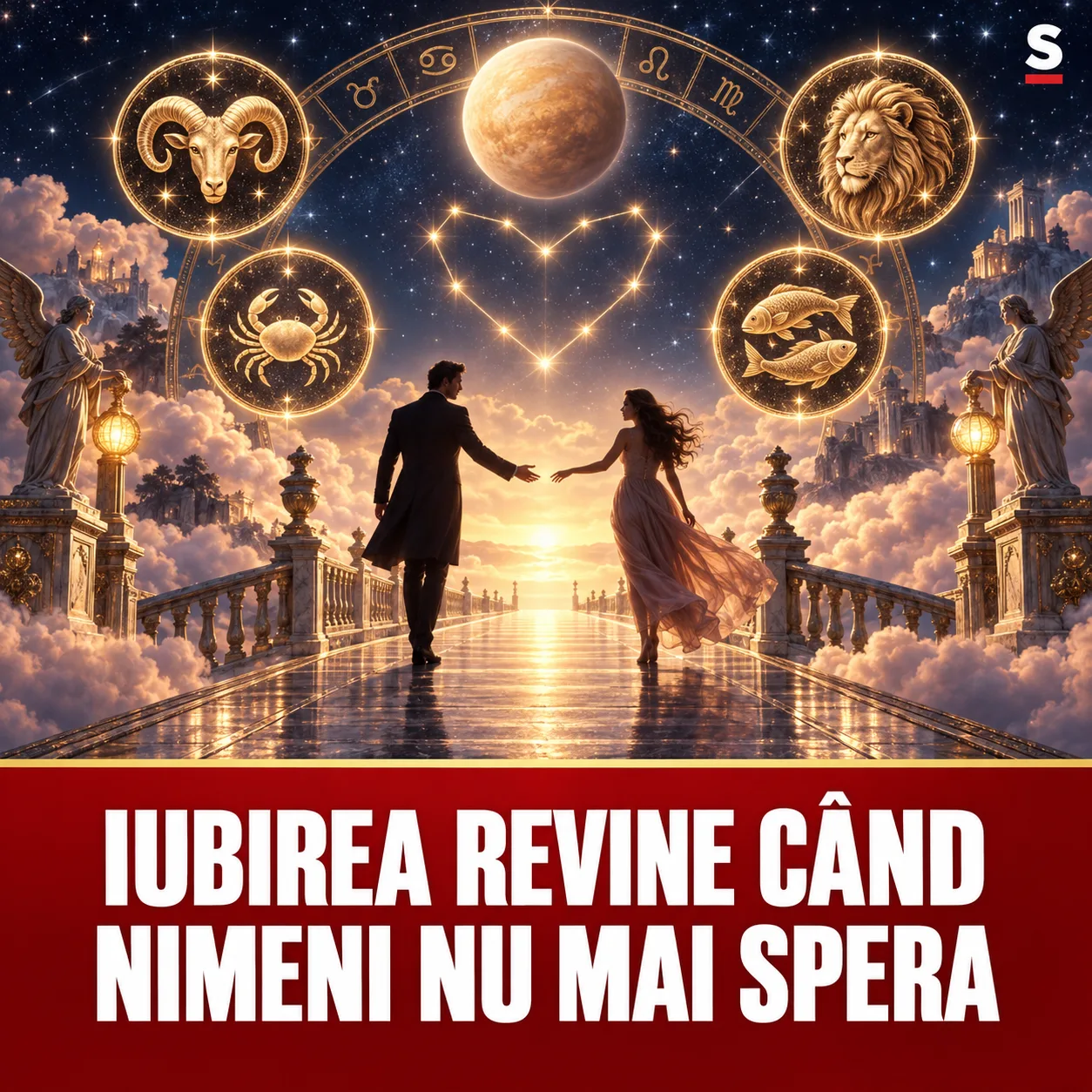 Cuplu pe un pod ceresc și patru medalioane zodiacale