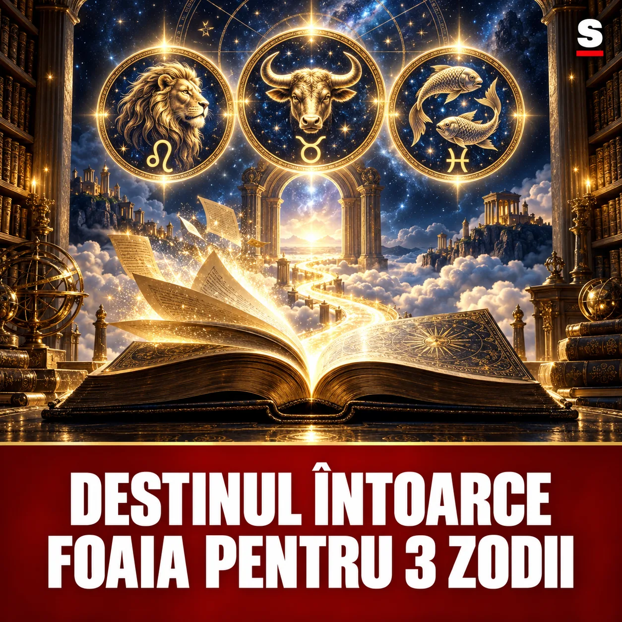 Carte aurie deschisă și trei simboluri zodiacale