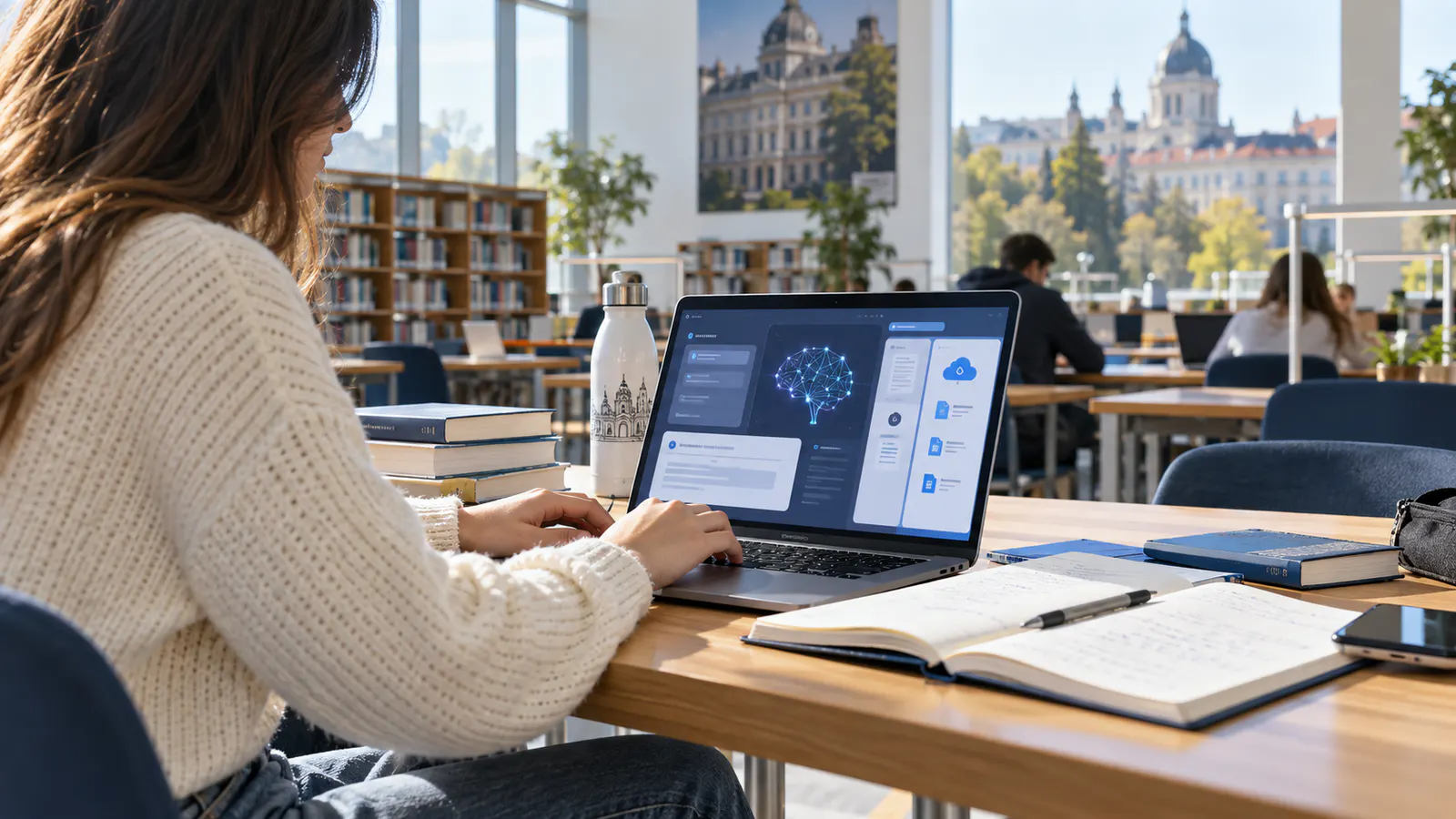 Studentă într-o bibliotecă universitară folosind instrumente de inteligență artificială pe laptop