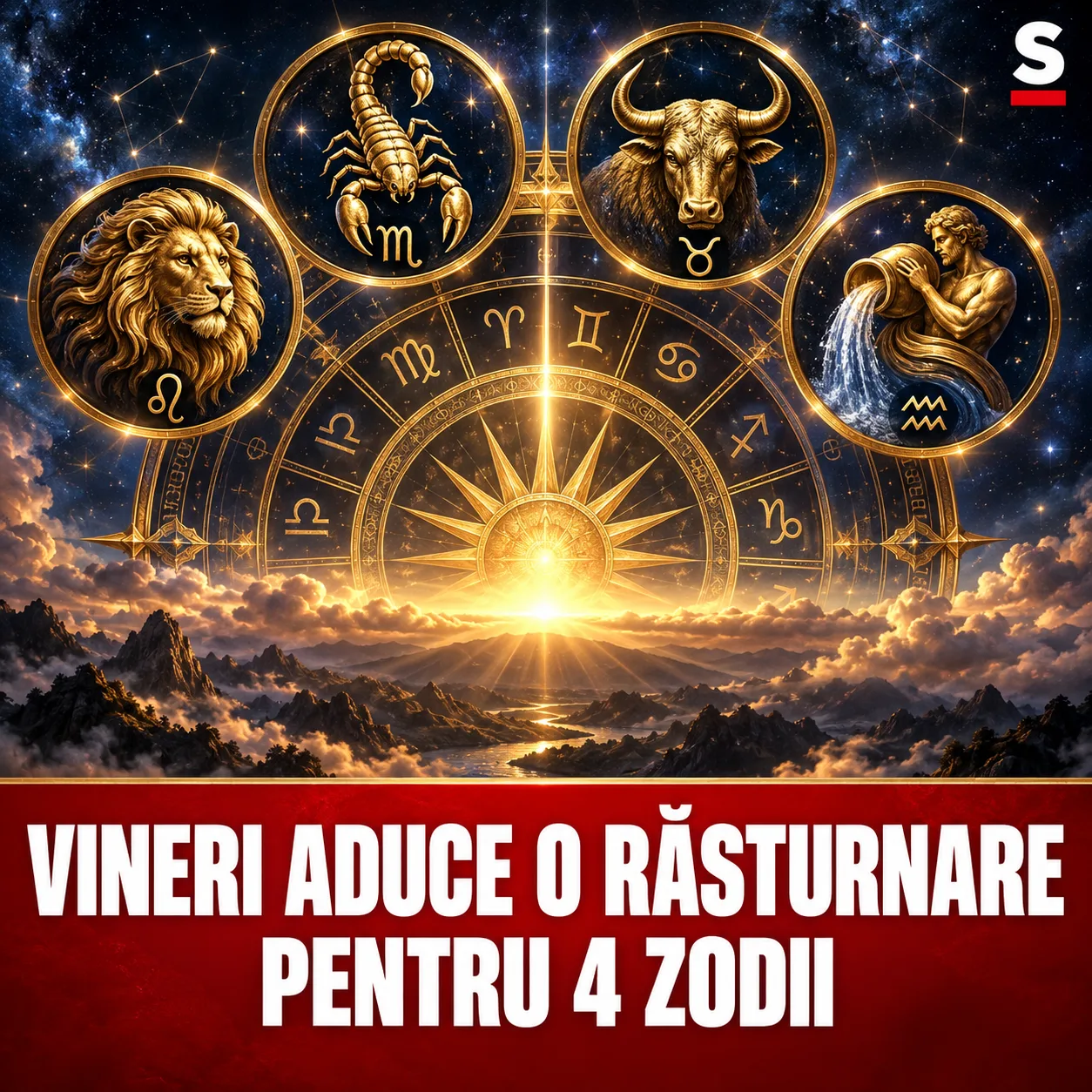 Patru simboluri zodiacale aurii deasupra răsăritului