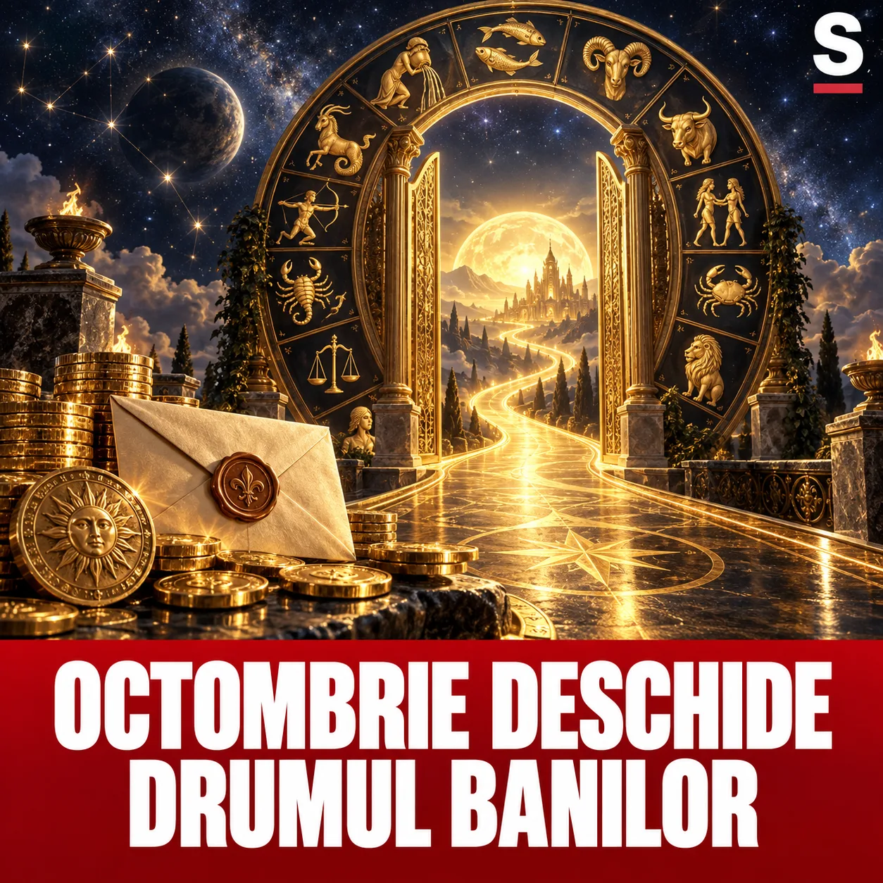 Poartă zodiacală, drum auriu, monede și plic