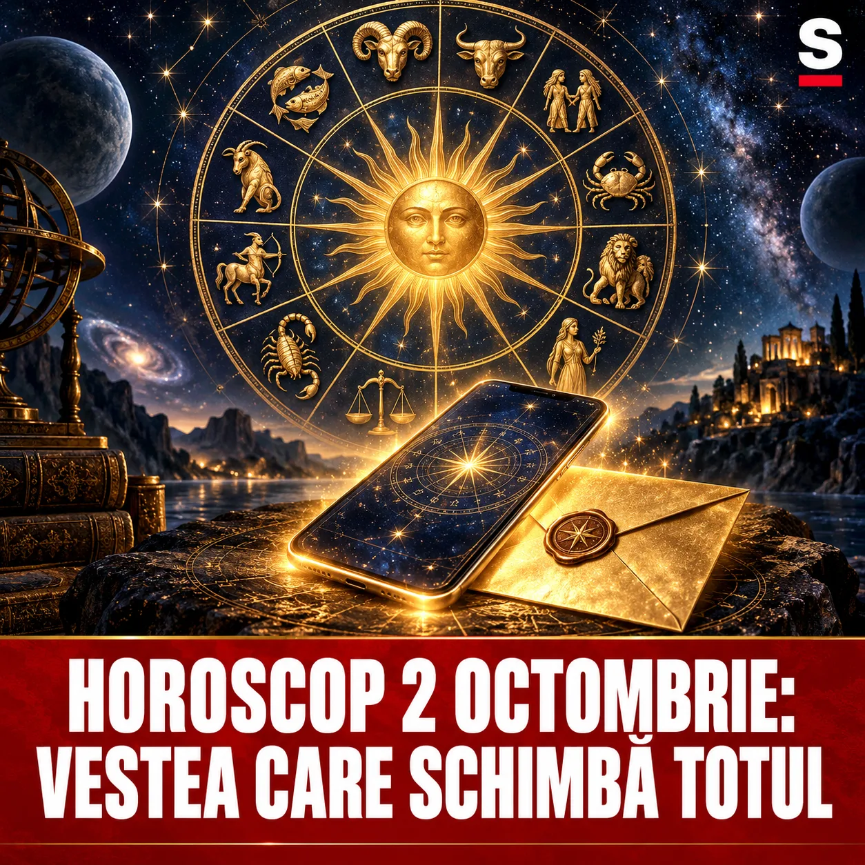Telefon și plic auriu sub o roată zodiacală
