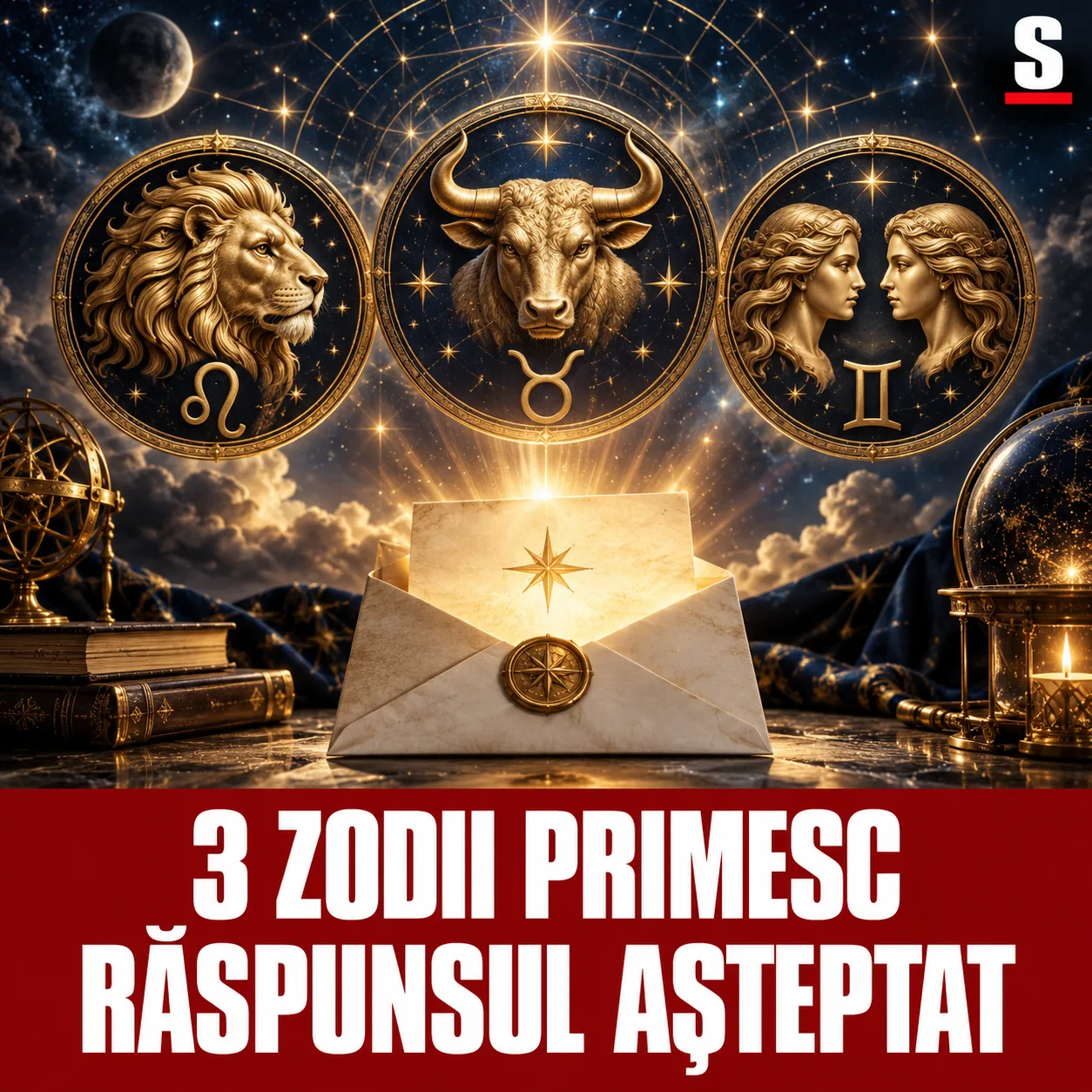Trei simboluri zodiacale și un plic luminos