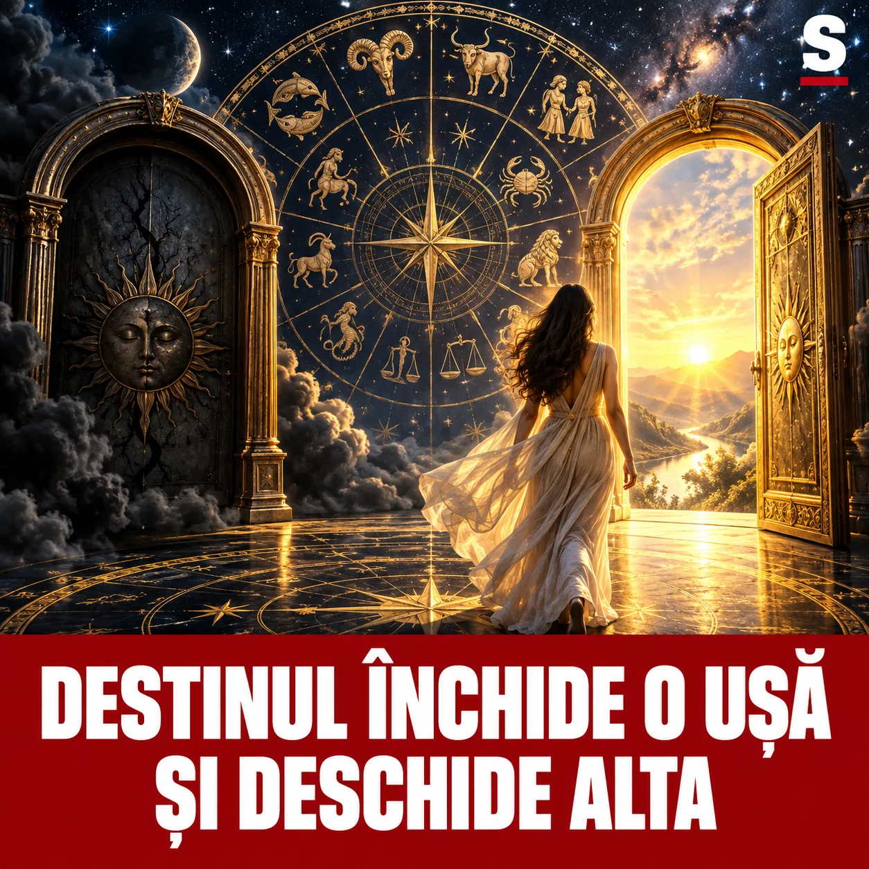 O ușă întunecată și una aurie sub zodiac