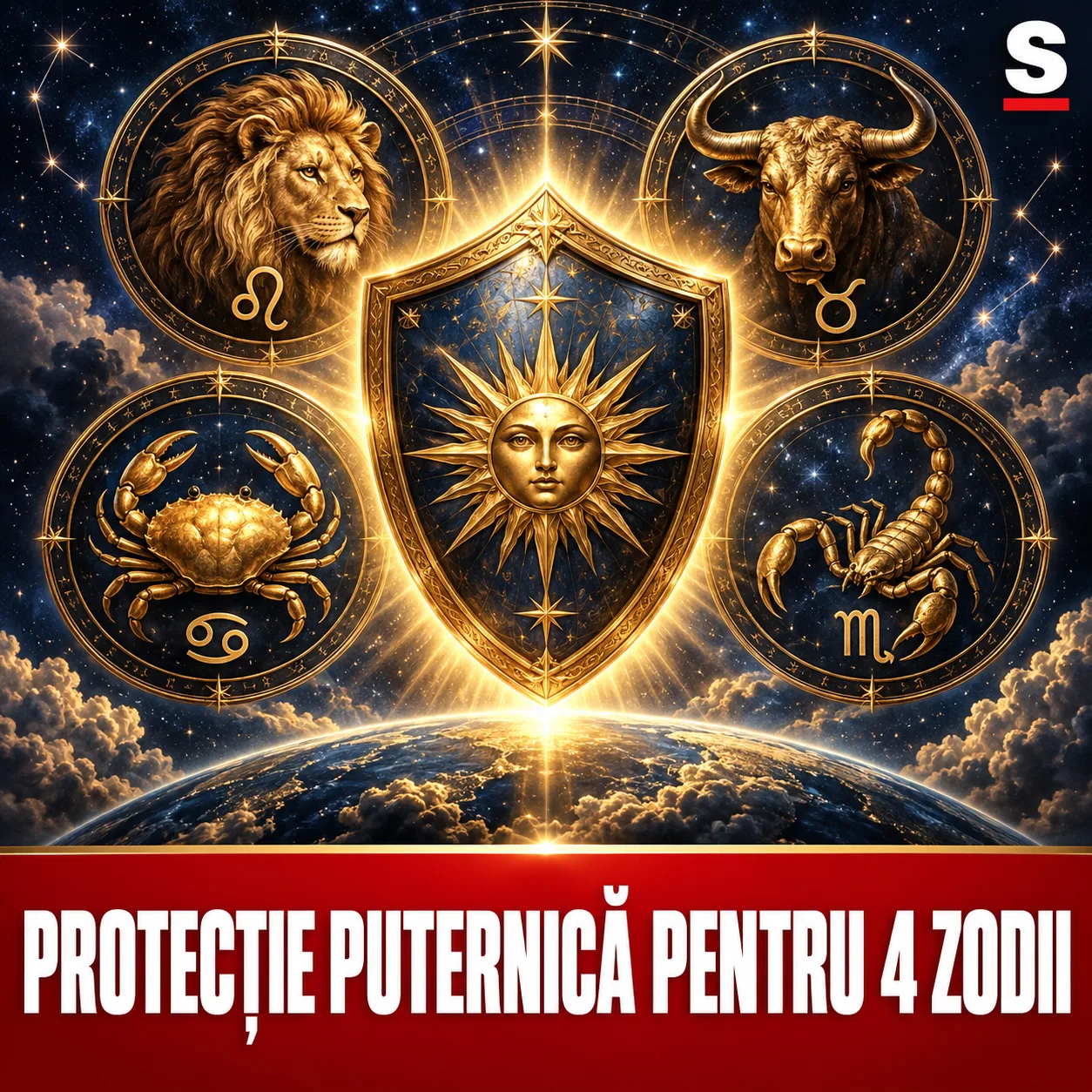 Scut auriu și patru simboluri zodiacale