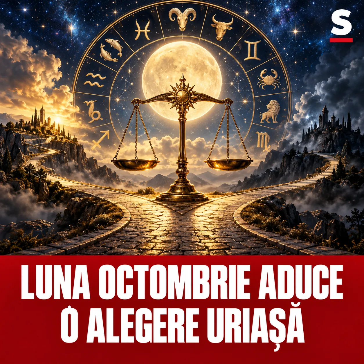 Balanță aurie la o răscruce sub zodiac
