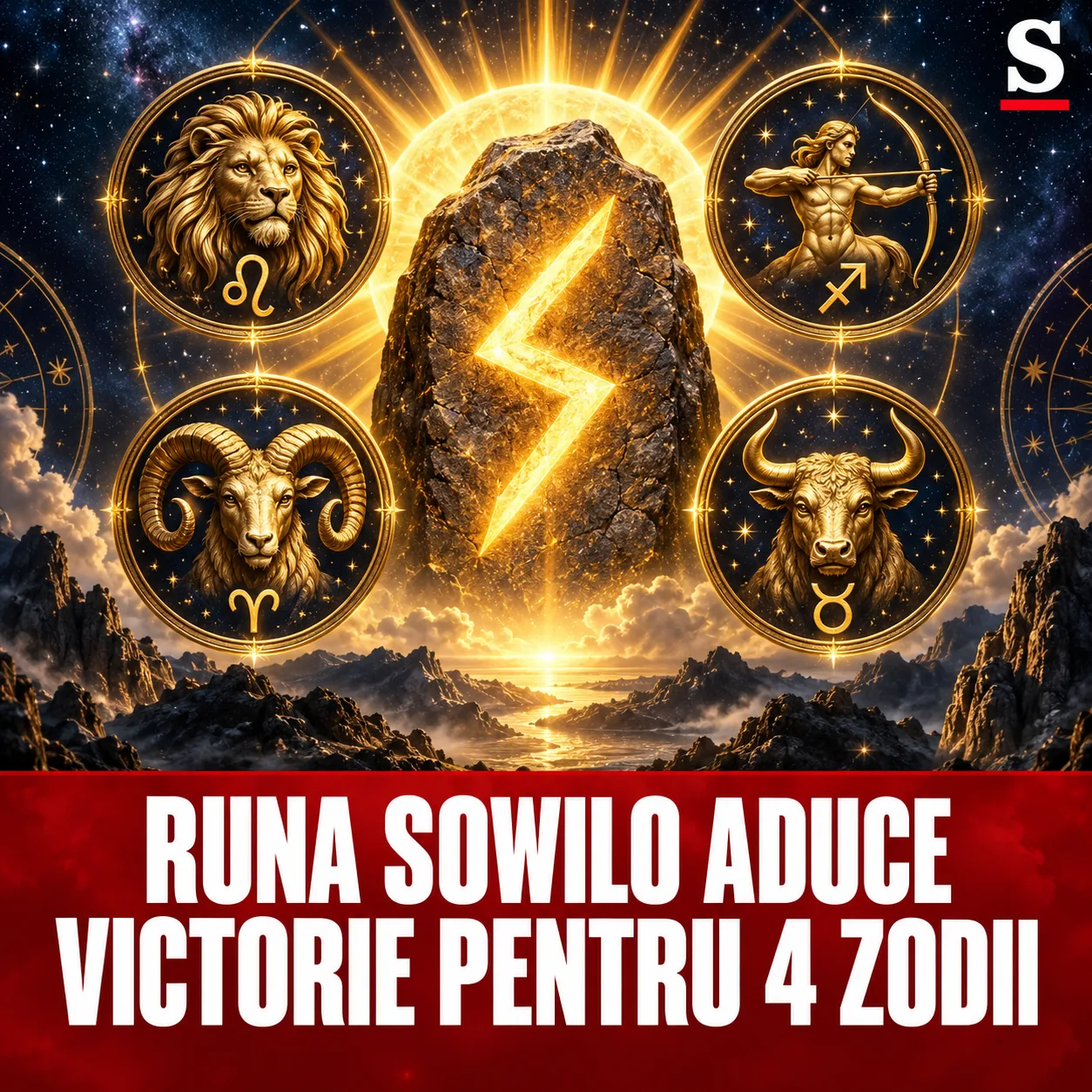 Rună Sowilo luminoasă și patru medalioane zodiacale
