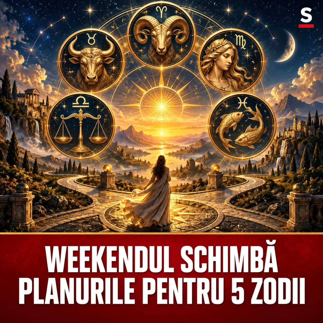 Cinci medalioane zodiacale deasupra unei răscruci aurii la apus