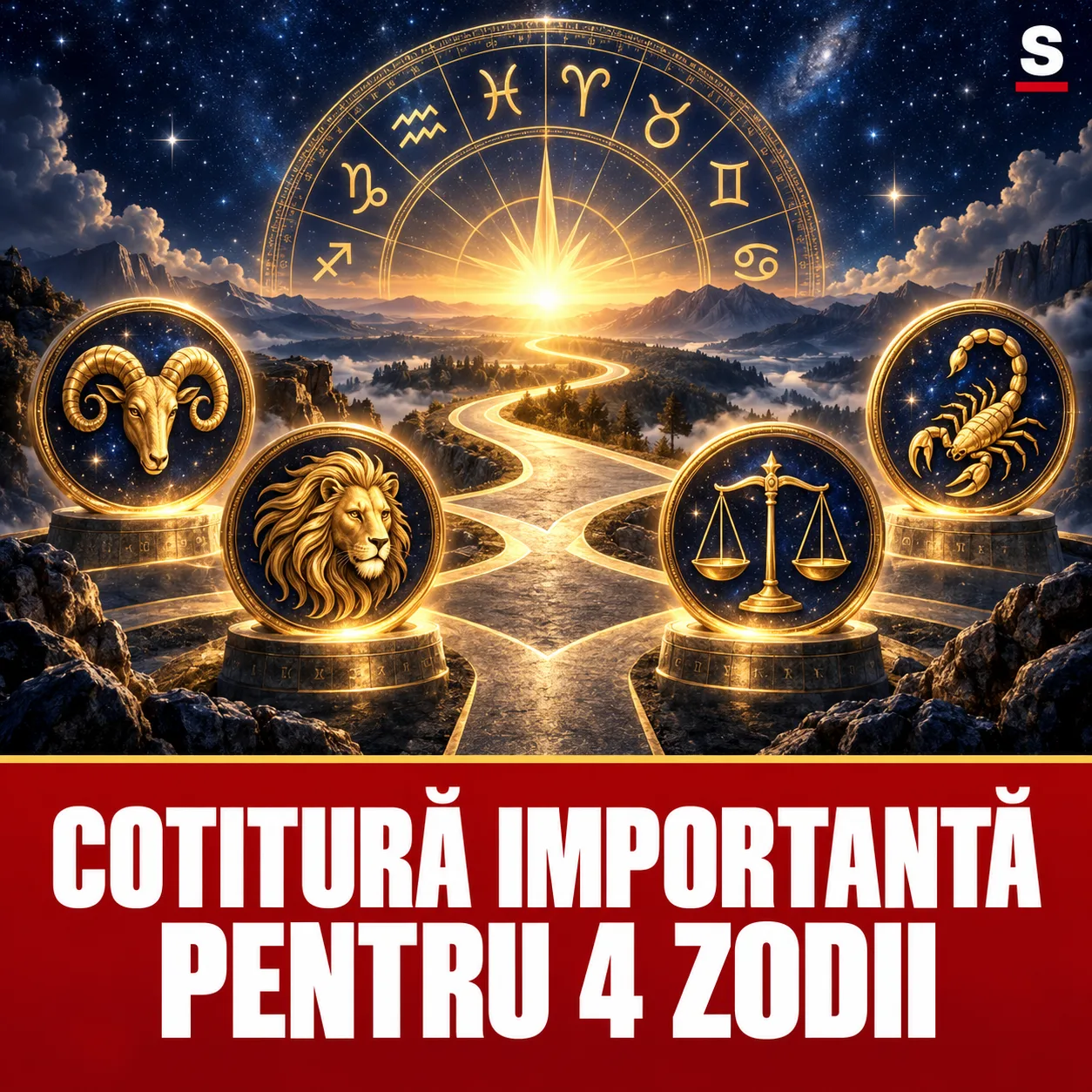 Răscruce zodiacală luminoasă și patru medalioane aurii