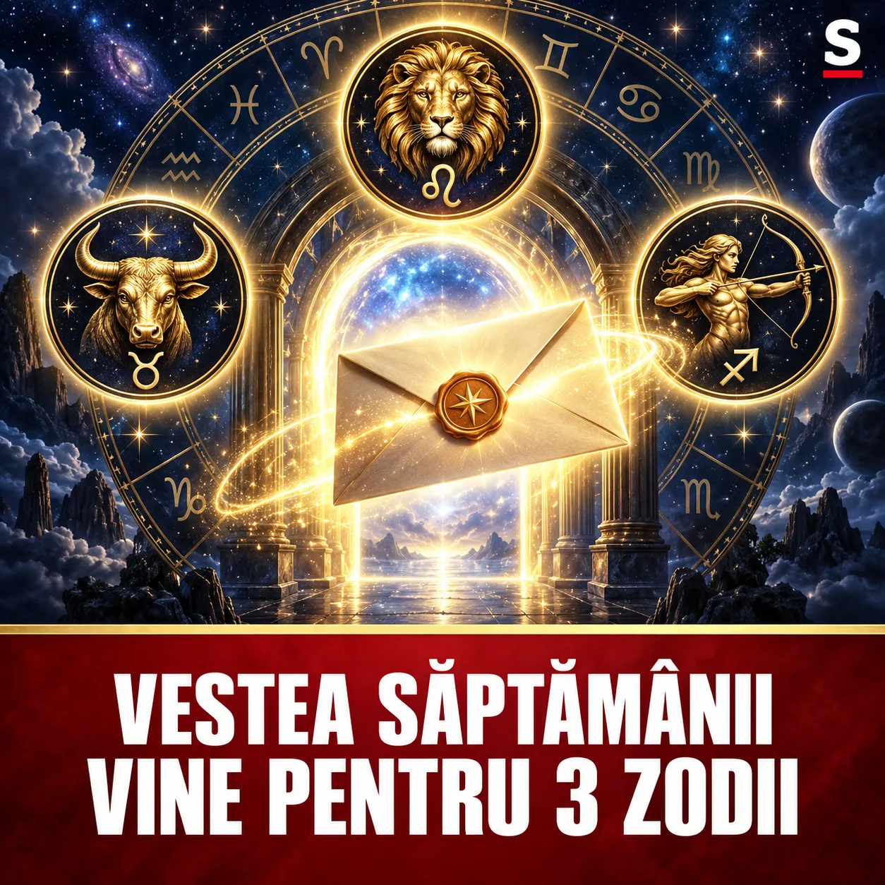 Scrisoare aurie și trei simboluri zodiacale