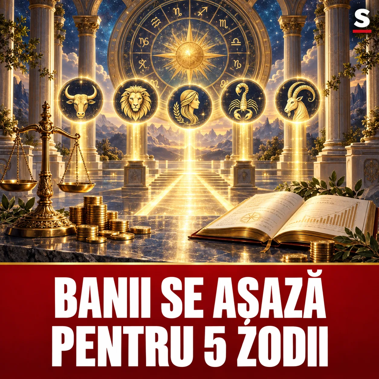 Balanță aurie, monede și cinci simboluri zodiacale