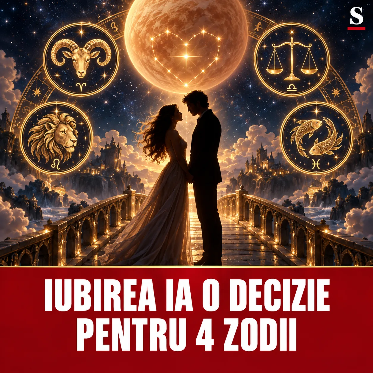 Cuplu pe un pod ceresc și patru medalioane zodiacale