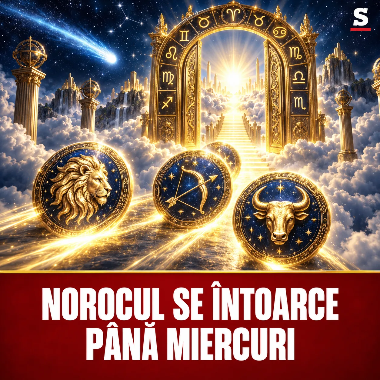 Poartă zodiacală aurie și trei medalioane luminoase