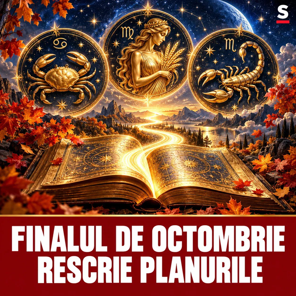 O carte aurie deschisă se transformă într-un drum luminos, sub trei medalioane zodiacale