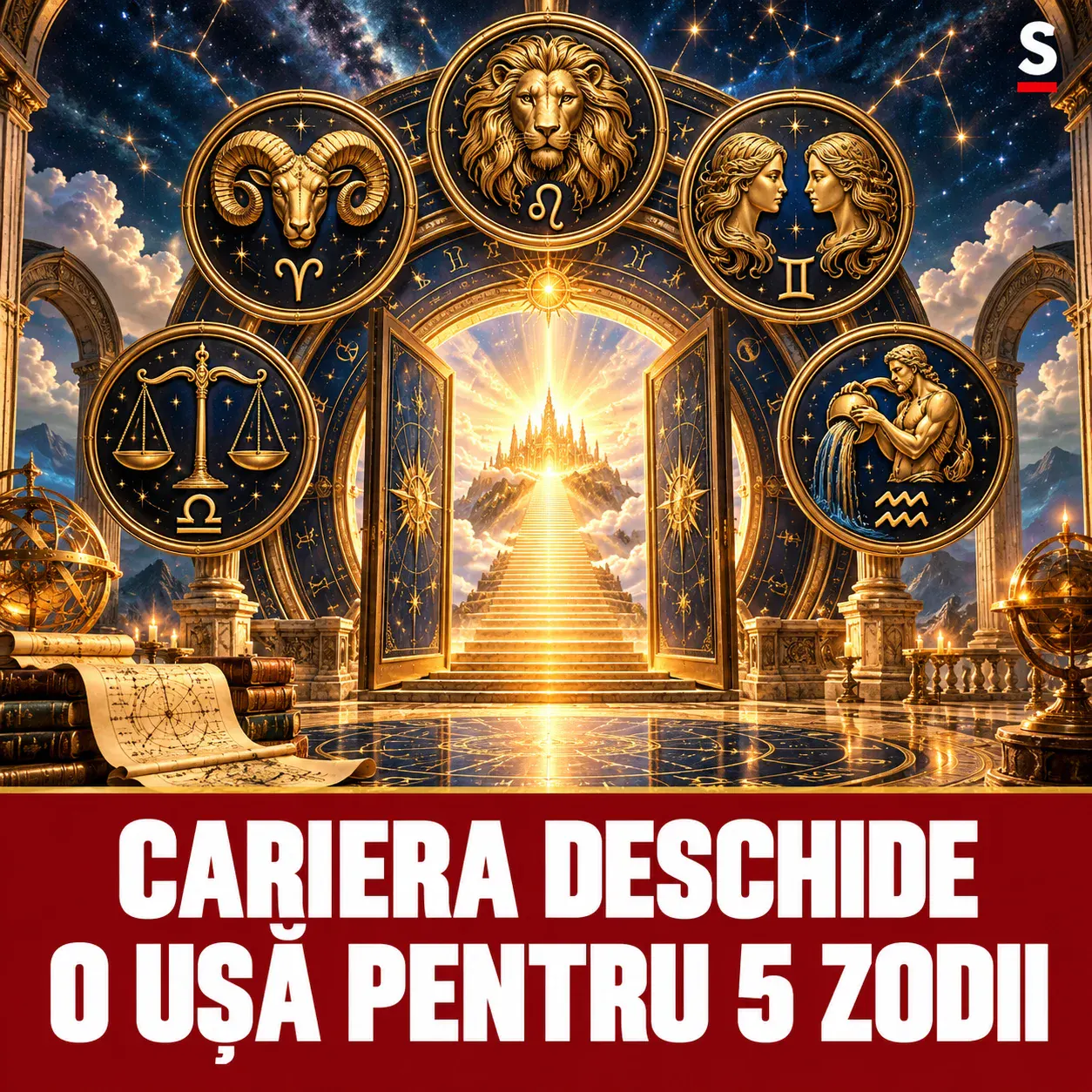 Cinci medalioane zodiacale, un astrolab și o ușă aurie către o scară luminoasă