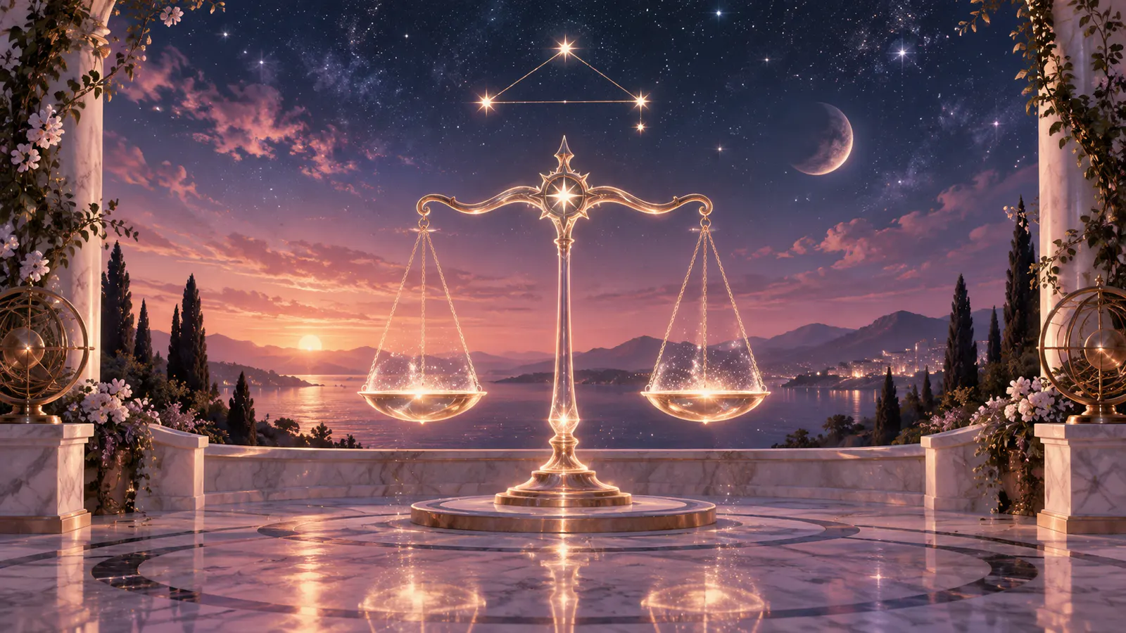Balanță luminoasă și constelația zodiei într-un peisaj ceresc roz-albastru