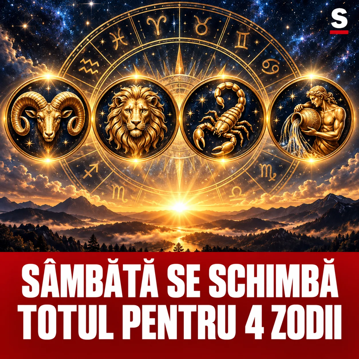 Patru medalioane zodiacale aurii deasupra unui răsărit