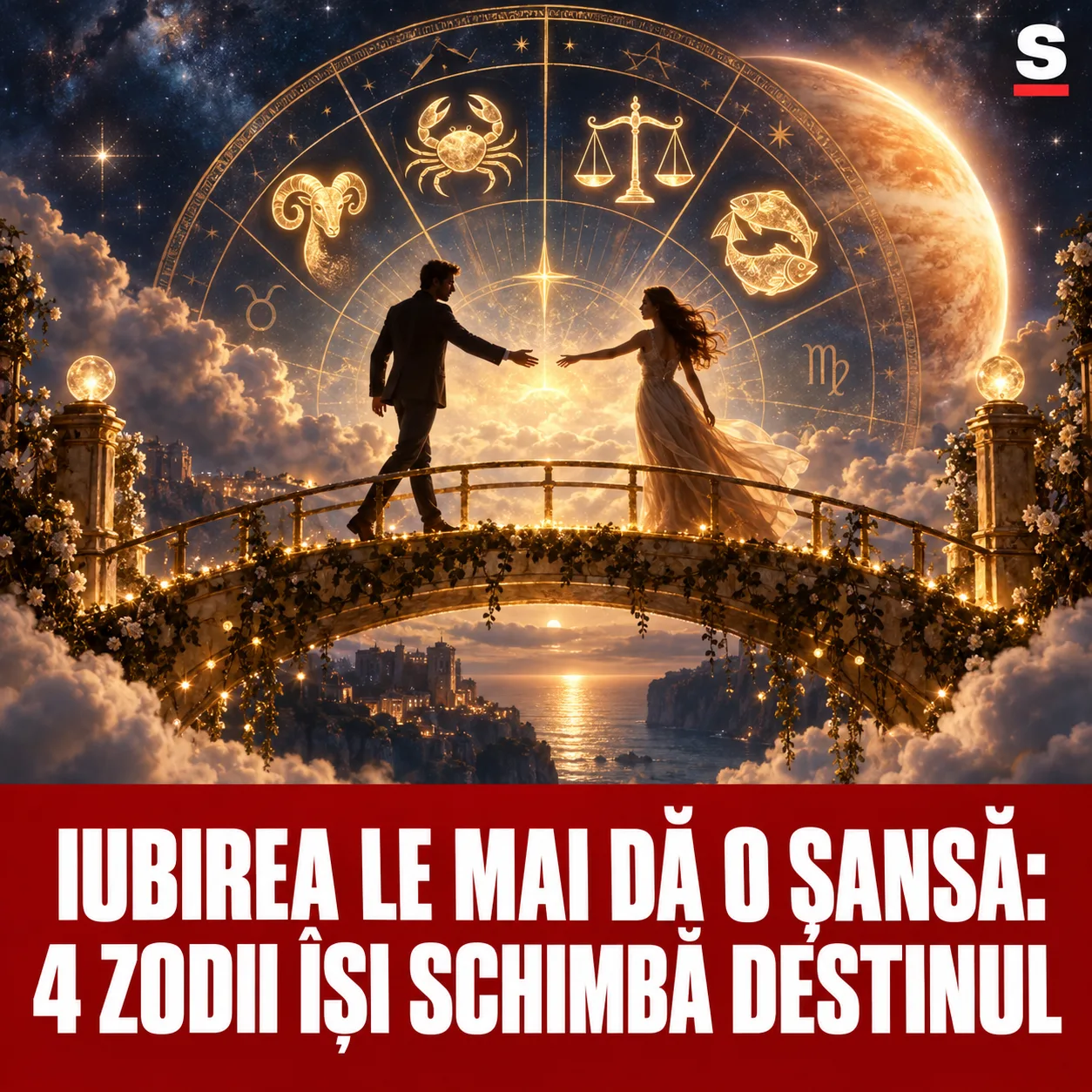 Două siluete apropiindu-se pe un pod sub zodiac
