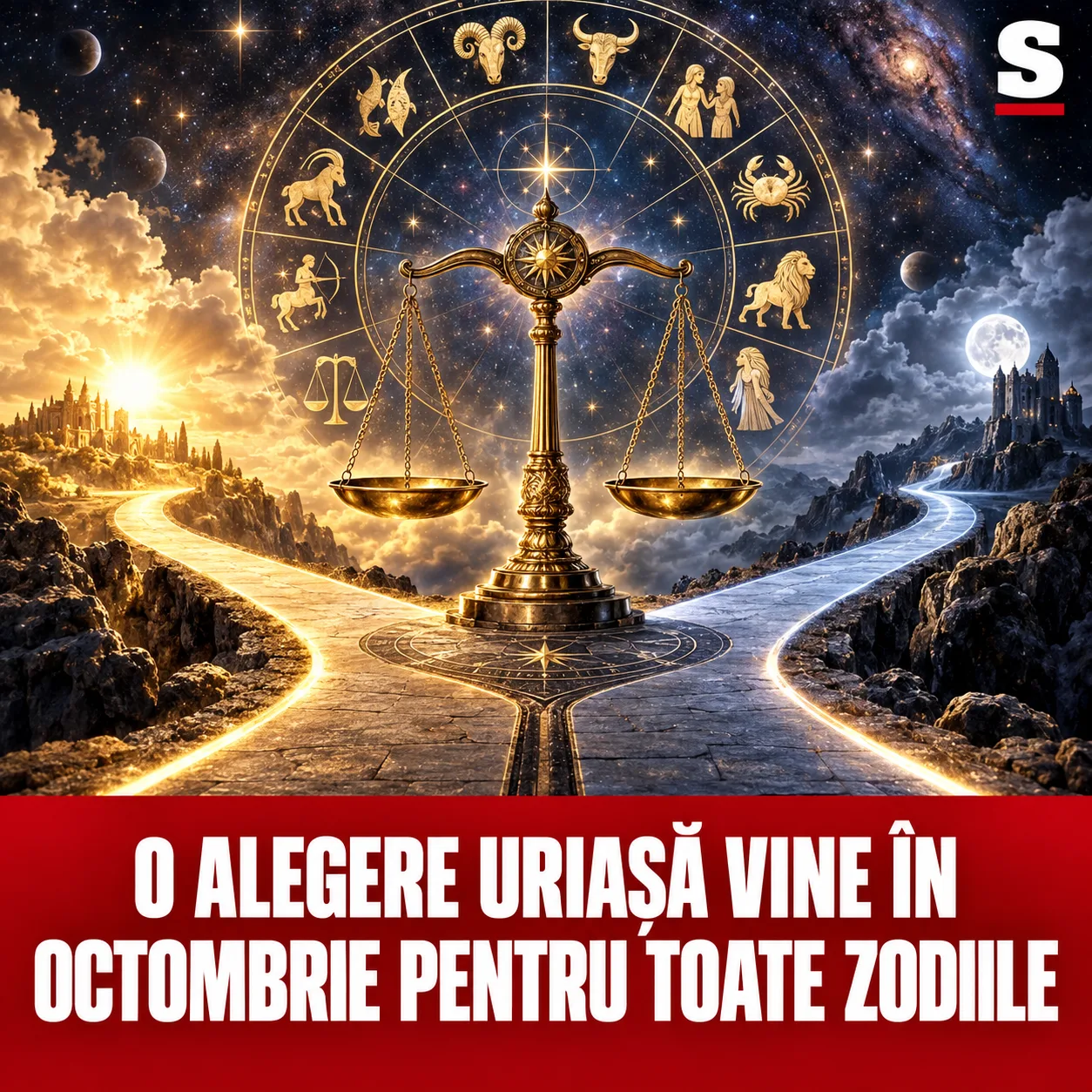 Balanță aurie la o răscruce sub cercul zodiacal