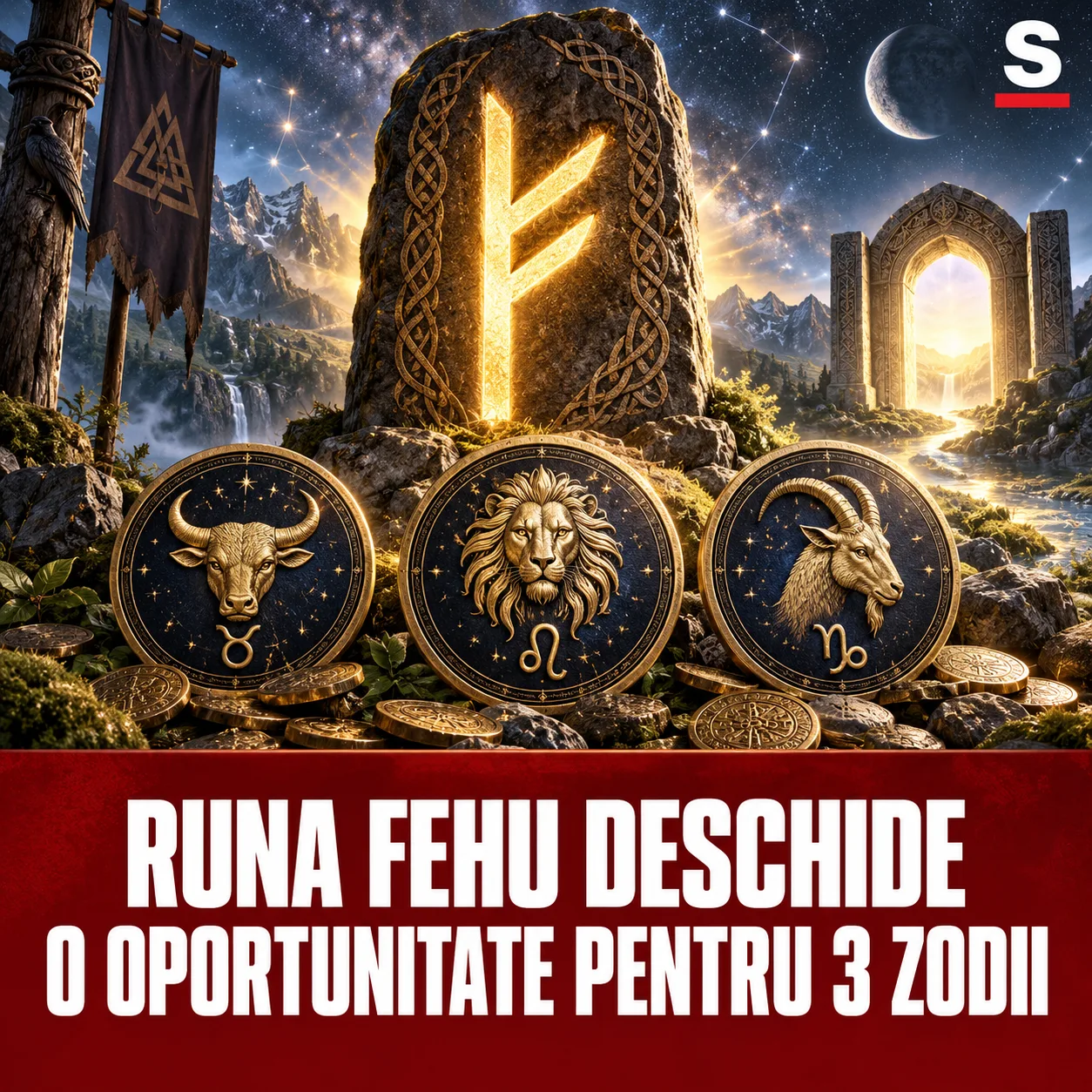 Rună Fehu luminoasă și trei medalioane zodiacale